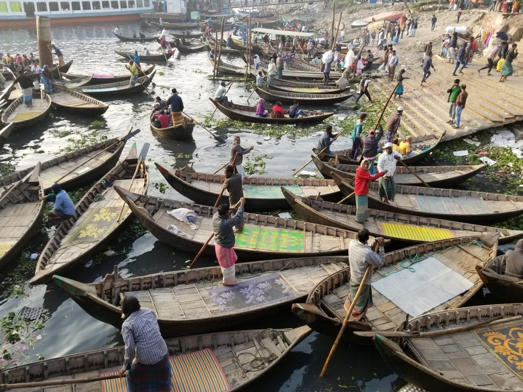 Boats are waiting for passengers in the Buriganga river