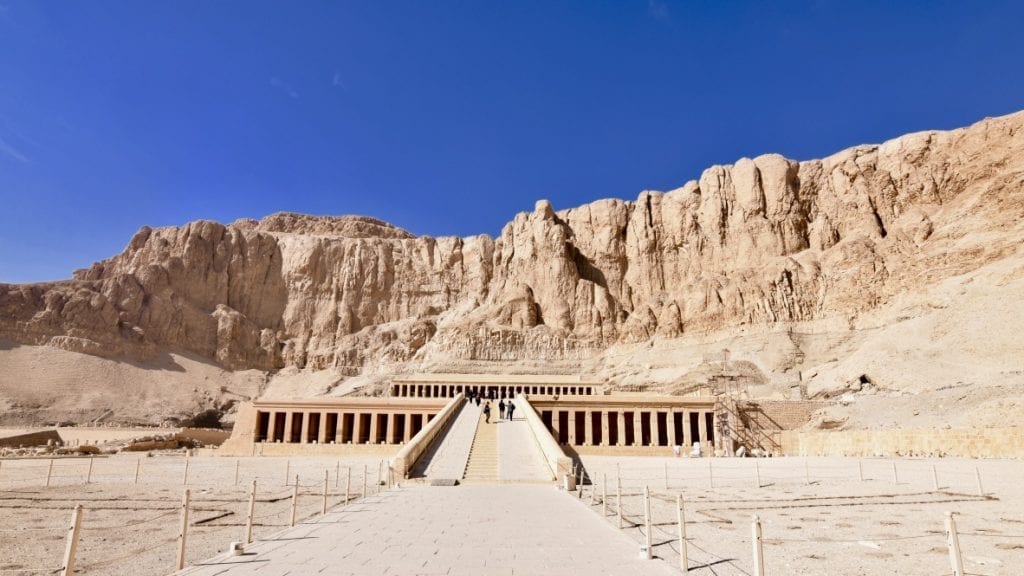 Front view of the Temple of Hatshepsut in Luxor, Egypt.