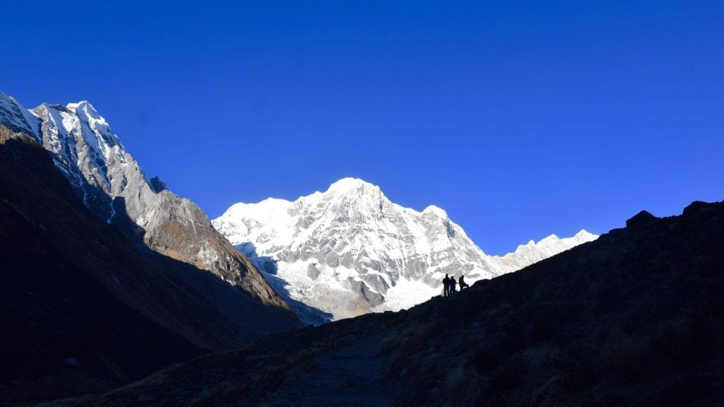 The last leg of Annapurna Sanctuary Trek when the mountains are visible. 