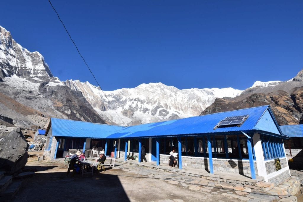 The breakfast is served amongst backdrop of mountains in the Annapurna Base Camp