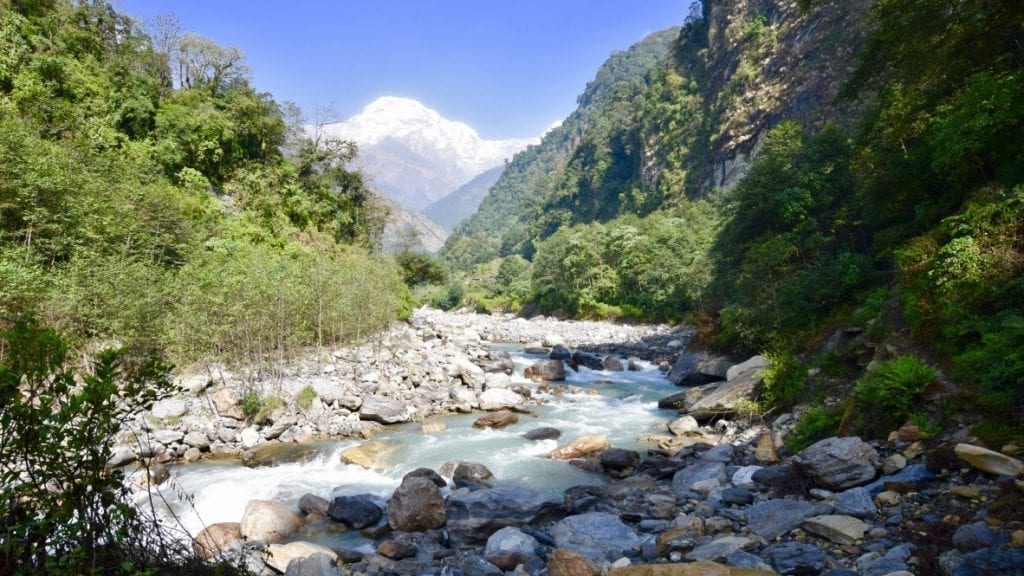 The Modikhola river flowing through stones