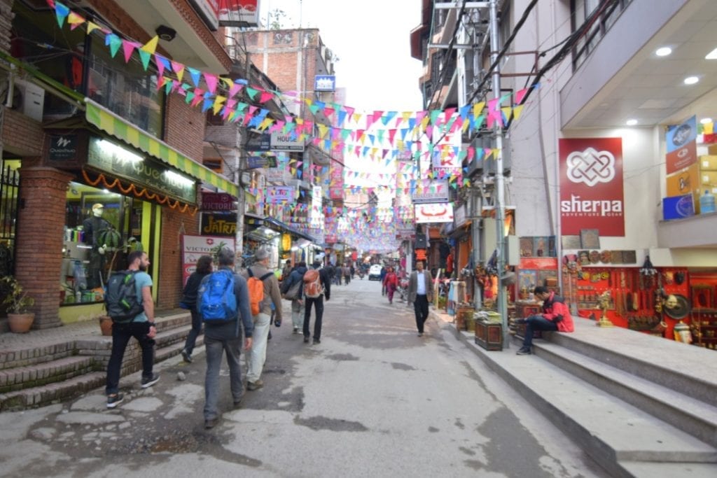 Narrow street of Thamel in Nepal. where we stayed the first night during Annapurna Base Camp trek.