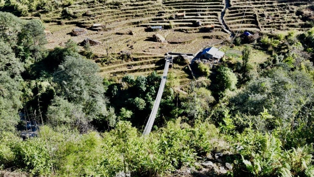 We are approaching towards a suspension bridge during ABC Trek. 