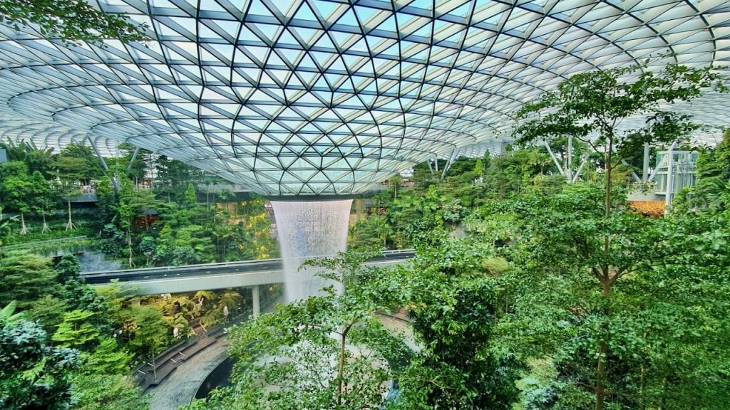 A beautiful manmade fountain in Jewel Changi airport in Singapore. 