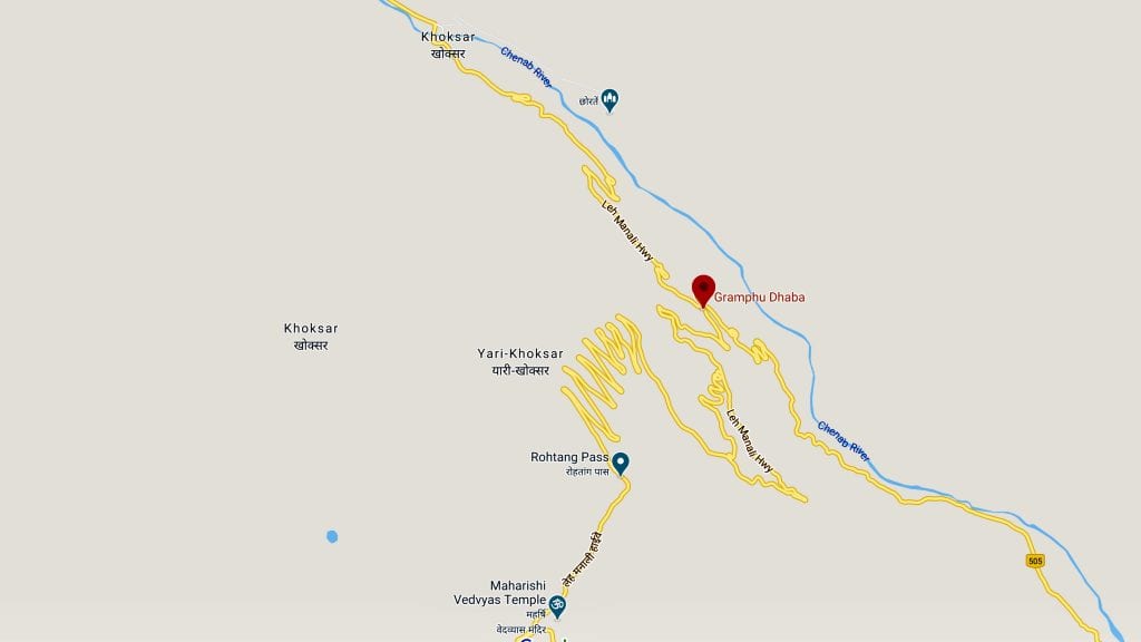 A map showing Gramphu from where the road from Manali split to Spiti valley and Ladakh. 