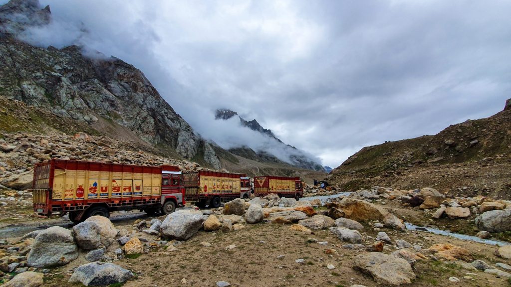 Trucks are crossing streams in Spiti Valley